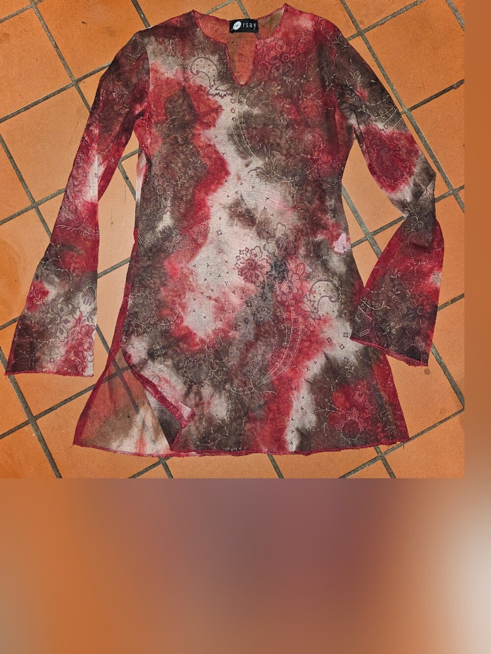 Tie-Dye Paisley Long Sleeve Women's Top - Red/Brown
